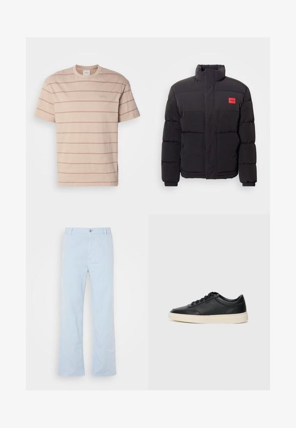 Chaqueta acolchada negra con cuello alto, bolsillos frontales y parche rojo con el logo "HUGO" en el lado izquierdo del pecho.; Camiseta de manga corta y cuello redondo color beige con rayas horizontales rosa claro y una pequeña etiqueta en el frente. Fabricada con tejido de algodón suave.; Pantalones de algodón azul claro con corte recto, cierre frontal con botón y bolsillos laterales. Textura suave y detalles de costura mínimos.; Zapatilla negra de piel de caña baja con cordones negros y suela color crema, mostrada en perfil lateral sobre fondo blanco.