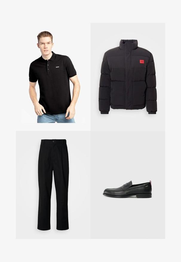 Must must, kõrge kraega, esikottidega ja vasakul rinnal punase "HUGO" logopatchiga.; Mustra musta polo särk kraega, lühikeste varrukatega ja kolme nupuga. Vasakul rinnal on valge "HUGO" logo. Pehme puuvillane materjal.; Mustad sirged püksid nuppudega vöökoht, vöölõngad ja eesmine voldik, esitatud lihtsa valge tausta ees.; Mustad mustad nahast loafers tekstuuriga esipaneeli ja siledate külgedega. Omab peent kand ja tagumist silmust lihtsaks selga panemiseks. Klassikaline disain.