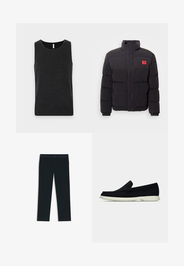Giacca a vento nera con collo alto, tasche frontali e patch rosso con logo "HUGO" sul lato sinistro del petto.; Top in cotone nero senza maniche, con scollatura rotonda e texture liscia. Presenta un taglio semplice e classico.; Chinos di un blu navy scuro realizzati in tessuto misto cotone. Presentano passanti per cintura, tasche frontali e una chiusura con zip e bottone.; Scarpa nera slip-on con punta arrotondata, caratterizzata da una tomaia texture, una suola bianca liscia e un discreto logo sul lato.