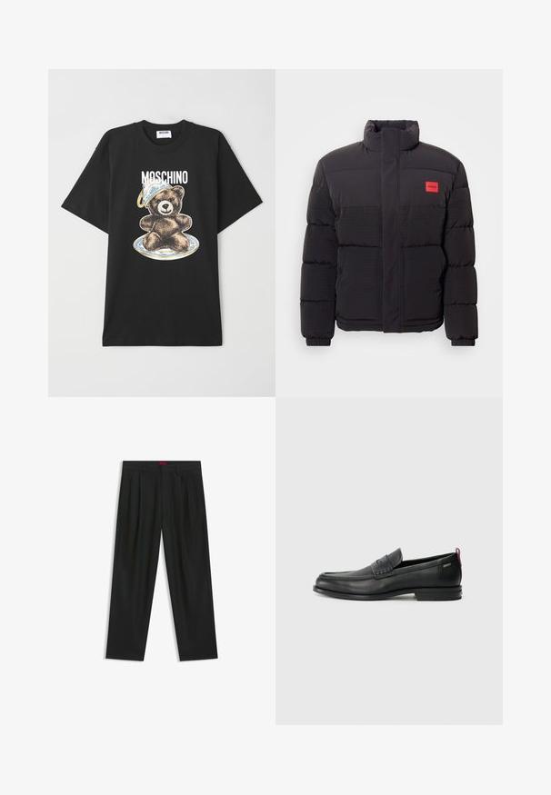 Musta untuvahattu, jossa on korkea kaulus, etutaskut ja punainen "HUGO" -logopatchi vasemmassa rinnassa.; Mustat puuvillapaidat, jossa on karhu graafinen kuva sinisessä ja valkoisessa hatussa, tekstin "Moschino" ollessa suunnittelun yläpuolella. Lyhyet hihat, rento istuvuus.; Mustat housut, joissa on poimutettu muotoilu, leveä lahjetyyppi ja sileä pinta. Varustettu punaisella vyötärötagilla.; Musta nahkakengät, joissa on teksturoitu etupaneeli ja sileät sivut. Varustettu kapealla kantapäillä ja takasilmukalla helppoa pukemista varten. Klassinen muotoilu.