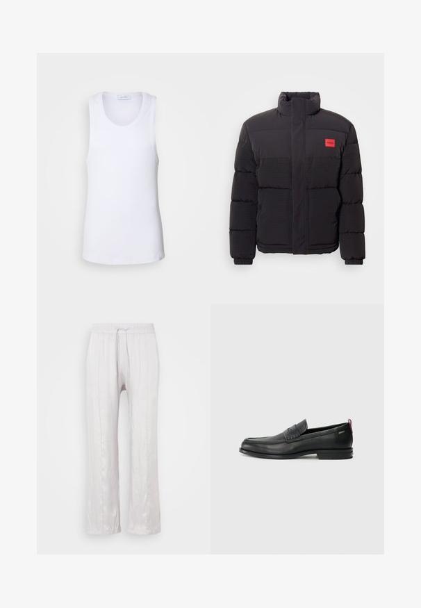 Fekete puffermellény magas gallérral, elülső zsebekkel és piros "HUGO" logóval a bal mellrészen.; Fehér, puha pamutból készült ujjatlan felső, kerek nyakkivágással és egyenes aljjal rendelkezik. Minimális varrási részletezés.; Világosszürke, laza szabású nadrág sima anyagból, gumis derékkal és zsinórral. Egyenes lábak finom redőkkel, látható minták nélkül.; Fekete bőrcipők, texturált elülső részel és sima oldalakkal. Karcsú sarokkal és hátsó hurkkal könnyű felvételhez. Klasszikus dizájn.