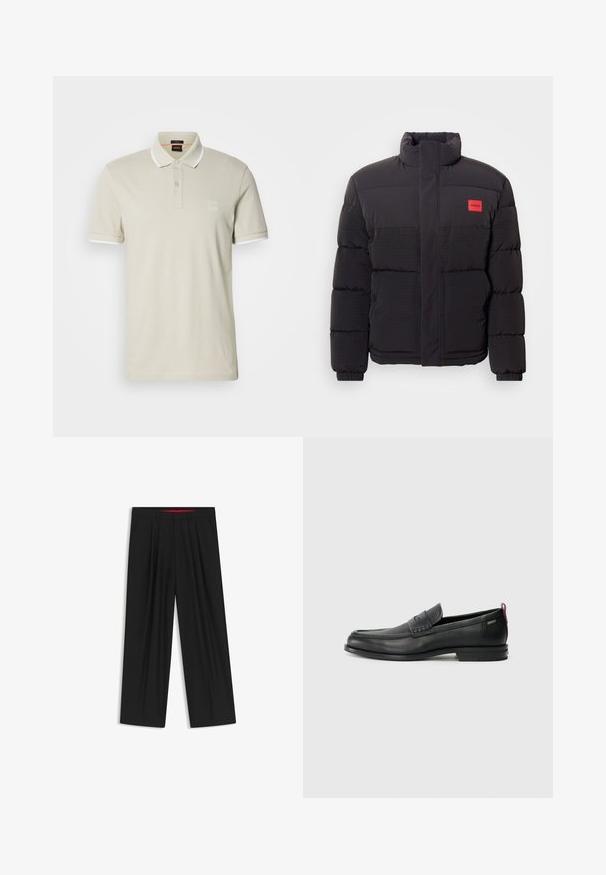 Sort puffjakke med højt krave, forlommer og rød "HUGO" logo patch på venstre bryst.; Polo shirt i lys beige bomuld med hvide detaljer på kraven og ærmerne, der har en to-knap lukning og et logo patch på brystet.; Sorte brede bukser med flad front, to sidelommer, plisseret design og en kontrastfarvet rød inderside på linningen.; Sorte læder loafers med en tekstureret frontpanel og glatte sider. Har en slank hæl og en bageste løkke til nem påtagning. Klassisk design.