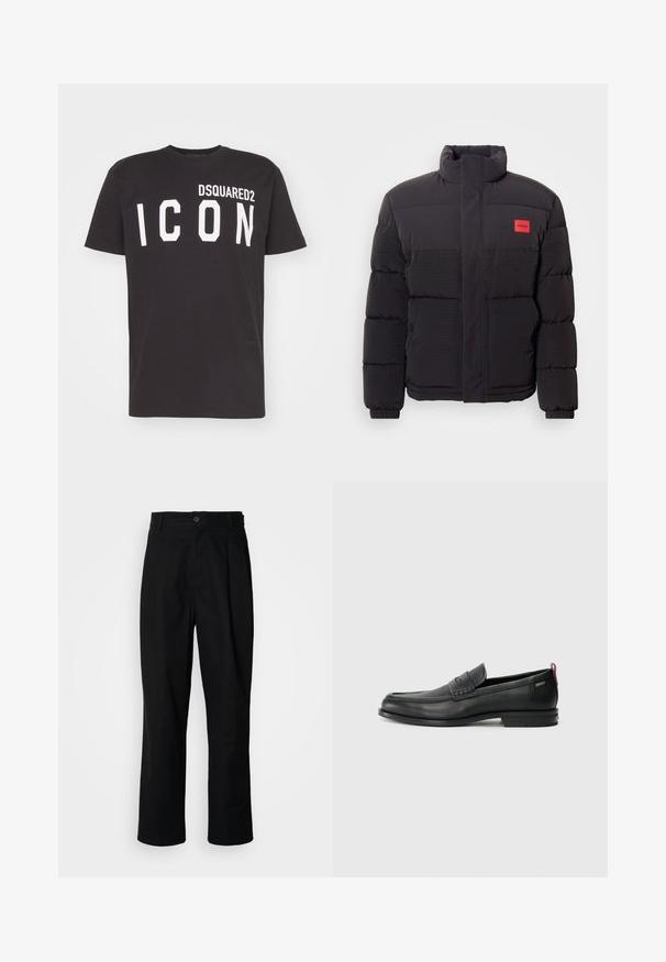 Schwarze Pufferjacke mit hohem Kragen, Fronttaschen und rotem "HUGO"-Logopatch auf der linken Brust.; Schwarzes Baumwoll-T-Shirt mit Rundhalsausschnitt und kurzen Ärmeln, mit "DSQUARED2 ICON" in fetten weißen Buchstaben auf der Vorderseite bedruckt.; Schwarze gerade geschnittene Hosen mit einem Knopfverschluss, Gürtelschlaufen und Vorderfalten, vor einem schlichten weißen Hintergrund präsentiert.; Schwarze Lederloafers mit einem strukturierten Vorderteil und glatten Seiten. Sie verfügen über einen schmalen Absatz und eine Schlaufe an der Rückseite für einfaches Anziehen. Klassisches Design.