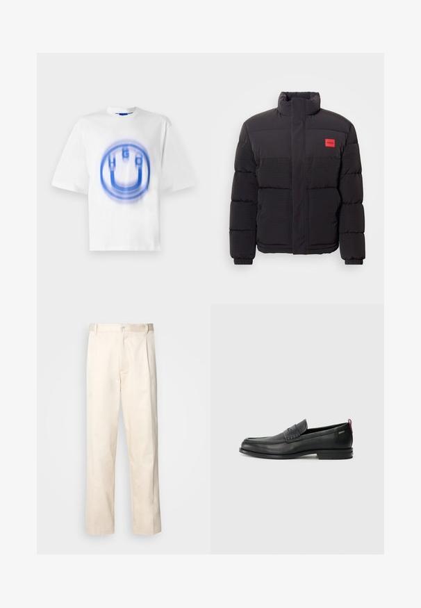 Čierna puffjacka s vysokým golierom, prednými vreckami a červenou nášivkou "HUGO" na ľavom prsníku.; Biela bavlnená tričko s modrým grafickým dizajnom písmen "HUGO" a kruhovým tvarom, s mierne rozmazaným efektom.; Béžové bavlnené nohavice so strihom rovného nohu, s gombíkovým zapínaním a záhybmi vpredu pre pridanie detailu.; Čierne kožené mokasíny s textúrovaným predným panelom a hladkými bokmi. Majú úzky podpätok a zadný pútko pre jednoduché obúvanie. Klasický dizajn.