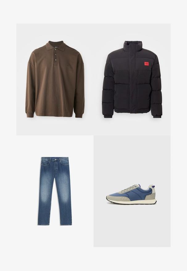Casaco puffer preto com gola alta, bolsos frontais e patch do logótipo "HUGO" vermelho no lado esquerdo do peito.; Camisa polo de manga longa castanha com gola, três botões e punhos canelados. Fabricada em material de algodão macio com um corte solto.; Calças de ganga com padrão risca de giz, na cor azul média, com zonas desbotadas, corte reto, cinco bolsos e fecho de botão metálico.; Os ténis desportivos apresentam um upper sintético azul com realces cinzentos, detalhes texturizados, fecho de cordões e uma sola de borracha preta.