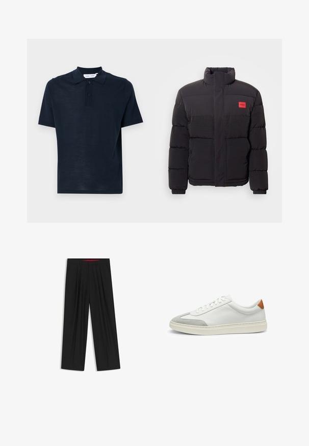 Sort puffjakke med højt krave, forlommer og rød "HUGO" logo patch på venstre bryst.; Marineblå polo skjorte i blødt materiale, korte ærmer, klassisk krave, tre-knaps lukning og en afslappet pasform.; Sorte brede bukser med flad front, to sidelommer, plisseret design og en kontrastfarvet rød inderside på linningen.; Hvide lædersneakers med grå ruskindsdetaljer og en tan læderhæltap. Har en struktureret overflade og en let sål.