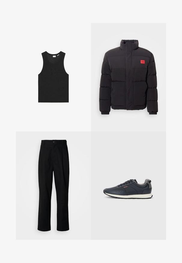 Svart puffjacka med hög krage, framfickor och röd "HUGO" logotyp patch på vänster bröst.; Svart tanktopp med en strukturerad mönster, ärmlös design och rund halsringning. Tillverkad av lättstickat material.; Svarta rakbenade byxor med knäppning i midjan, bälteshällor och framfåll, uppvisade mot en enkel vit bakgrund.; Marinblå sneakers med en slät syntetisk ovandel, rund tå, grå detaljer, snörningsdesign och en vit mellansula med en texturerad svart yttersula.
