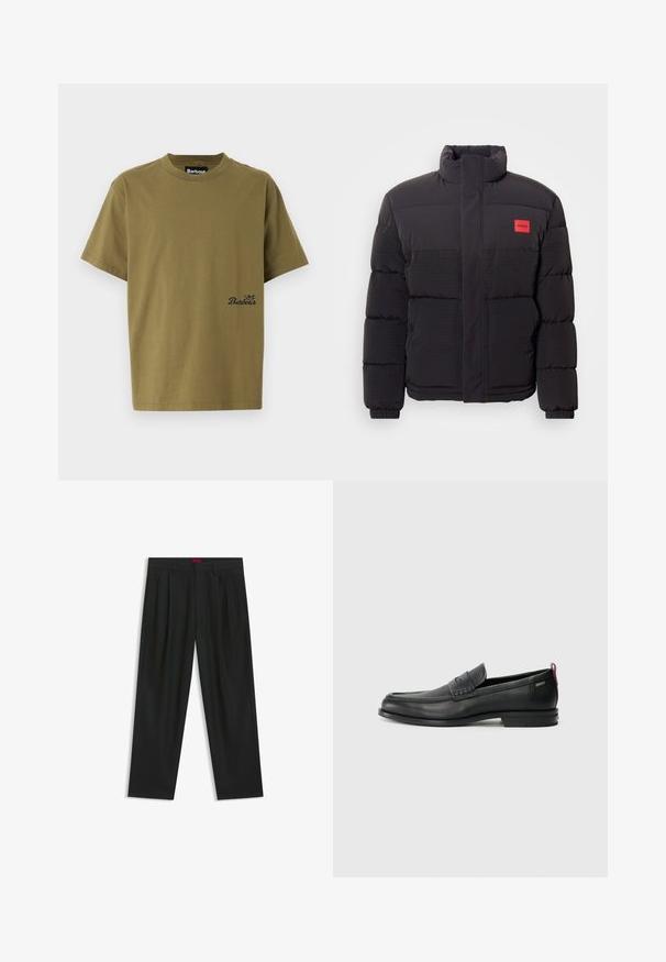 Black puffer jacket with high collar, front pockets, and red "HUGO" logo patch on left chest.; Olive green cotton T-shirt, short sleeves, crew neck, features a small black "Barbour" logo on the lower front left side. Smooth texture.; Black trousers with a pleated design, wide leg shape, and a smooth texture. Features a red waistband tag.; Black leather loafers with a textured front panel and smooth sides. Features a slim heel and rear loop for easy wear. Classic design.