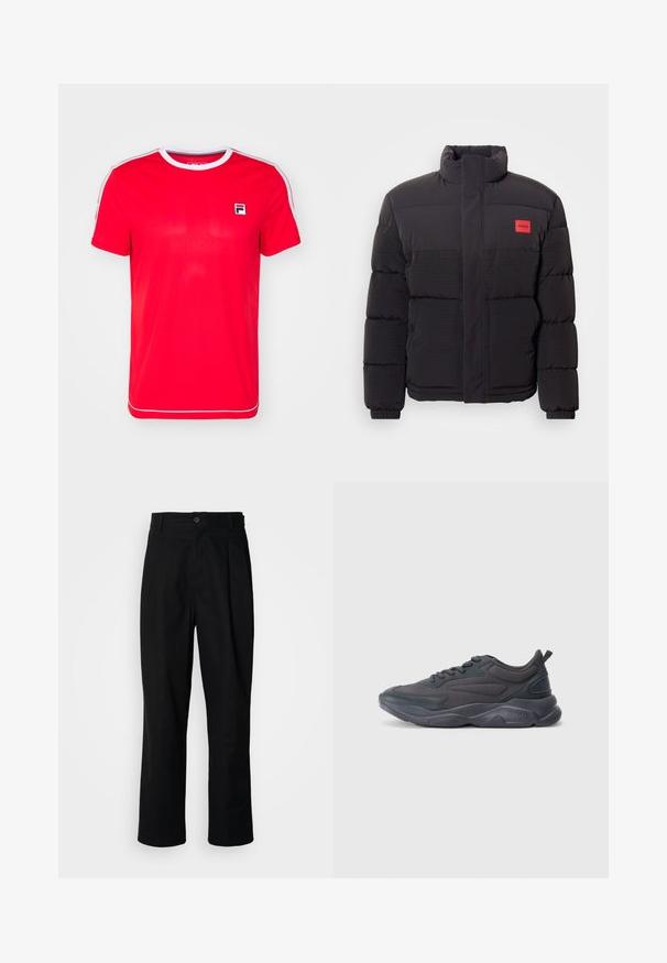 Casaco puffer preto com gola alta, bolsos frontais e patch do logótipo "HUGO" vermelho no lado esquerdo do peito.; T-shirt atlético vermelho feito de tecido suave, apresentando um decote redondo canelado, detalhes brancos nas mangas e um pequeno logo no lado esquerdo do peito.; Calças pretas de perna reta com uma cintura abotoada, passantes para cinto e vinco frontal, expostas contra um fundo branco liso.; Sapatos atléticos pretos com um cabedal em malha e sintético, apresentando um bico arredondado, sola texturizada e um logótipo da marca em destaque no calcanhar.