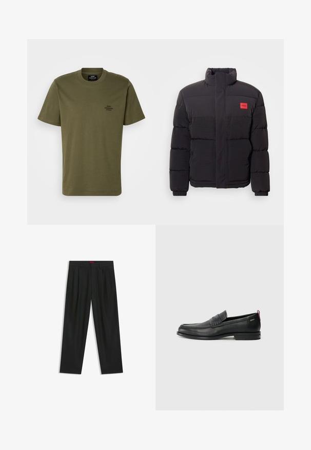 Black puffer jacket with high collar, front pockets, and red "HUGO" logo patch on left chest.; Olive green short-sleeve T-shirt made of cotton, featuring a round neckline and a small embroidered logo on the left chest. Smooth texture.; Black trousers with a pleated design, wide leg shape, and a smooth texture. Features a red waistband tag.; Black leather loafers with a textured front panel and smooth sides. Features a slim heel and rear loop for easy wear. Classic design.