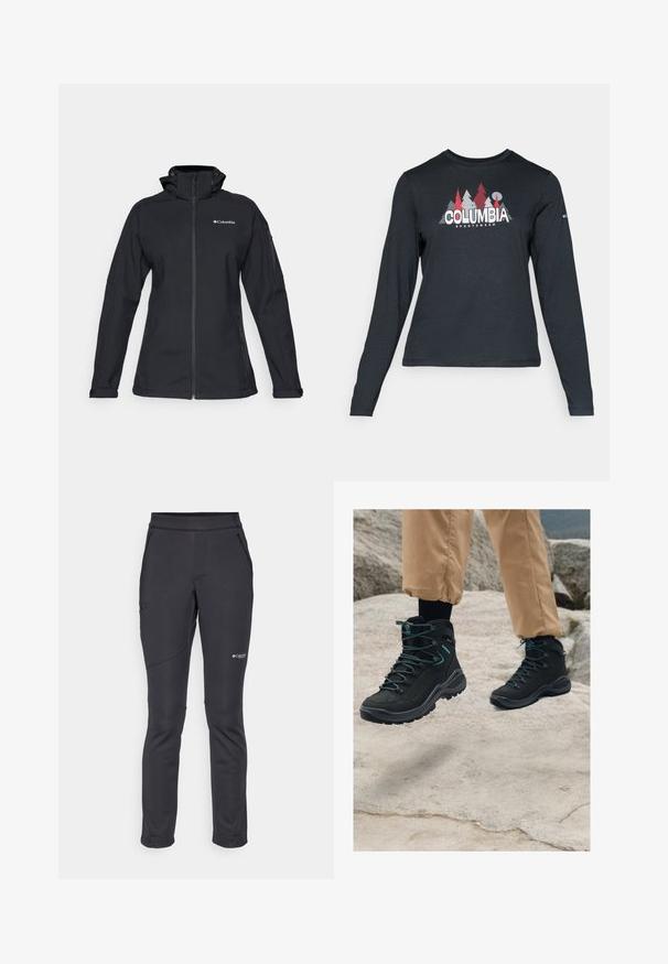 Veste softshell noire avec un col montant, fermeture éclair intégrale, poches latérales zippées et accent de logo sur la poitrine. Tissu texturé, design ajusté.; Chemise à manches longues gris foncé avec un motif d'arbres rouges et de montagnes ; logo "COLUMBIA" en lettres blanches en gras. Tissu doux, col rond standard.; Pantalons softshell noirs dotés d'une coupe slim, d'une taille élastique, de poches à zip latérales et de détails cousus sur les jambes pour plus de durabilité.; Bottes de randonnée noires avec un matériau texturé, un design robuste, des détails en bleu et des semelles durables, posées sur un terrain rocheux.