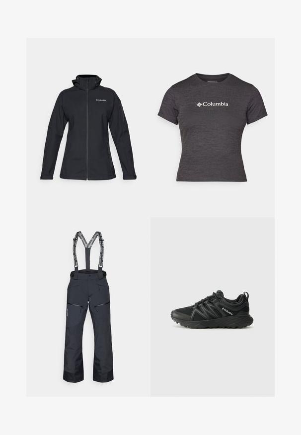 Μαύρο μπουφάν softshell με ψηλό γιακά, πλήρη κλείσιμο με φερμουάρ, τσέπες στο πλάι με φερμουάρ και λογότυπο στη θήκη. Υφασμάτινη υφή, εφαρμοστό σχέδιο.; Σκούρο γκρι κοντομάνικο μπλουζάκι φτιαγμένο από υφαντό ύφασμα με στρογγυλή λαιμόκοψη, που διαθέτει το λογότυπο Columbia σε λευκό χρώμα στο στήθος.; Μαύρο παντελόνι σκι με ρυθμιζόμενους τιράντες, φερμουάρ τσέπες και υφή στο πάνελ. Διαθέτει ενισχυμένες μανσέτες για ανθεκτικότητα.; Columbia PEAKFREAK - Παπούτσια πεζοπορίας - black