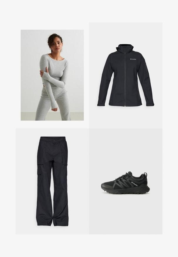 Jachetă neagră din material softshell, cu guler înalt, închidere cu fermoar pe toată lungimea, buzunare laterale cu fermoar și logo evidențiat pe piept. Material texturat, design ajustat.; Tricou gri cu mâneci lungi și colanți asortați, confecționați dintr-un material texturat cu nervuri, având orificii pentru degete și un decolteu rotund, pe un fundal simplu.; Columbia BREA FALLS™ COTTON RIPSTOP PANT - Pantaloni outdoor - black; Columbia PEAKFREAK - Pantofi drumeție - black