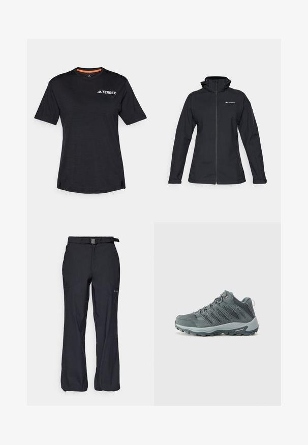 Melnā mīkstā jakā ar augstu apkakli, pilnu rāvējslēdzēju, sānu kabatām ar rāvējslēdzējiem un logo akcentu uz krūšu daļas. Strukturēta auduma, pieguļošs dizains.; Melns īsām piedurknēm T-krekls ar apaļu dekoltē, ar smalku heather tekstūru un baltu "TERREX" logo augšējā kreisajā pusē.; Melnas ārējās bikses ar vieglu audumu, regulējamu jostasvietu ar jostu un divām priekšējām kabatām. Izstrādātas komfortam un funkcionalitātei.; Vīriešu pārgājienu apavi tumši pelēkā krāsā, ar zamša un sieta augšpusi, gumijas zoli un pastiprinātu pirkstu daļu. Šņoru aizdare ar metalizētām akcentiem.