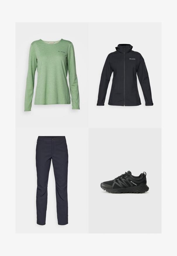 Giacca softshell nera con colletto alto, chiusura a zip completa, tasche laterali con zip e accento logo sul petto. Tessuto testurizzato, design aderente.; Maglietta a maniche lunghe di colore verde chiaro, realizzata in tessuto traspirante. Presenta un collo tondo e un piccolo logo nero sul petto. Texture liscia.; Pantaloni blu navy realizzati in tessuto liscio, con chiusura frontale a bottone, design slim-fit e pieghe decorative sulle ginocchia.; Columbia PEAKFREAK - Scarpa da hiking - black