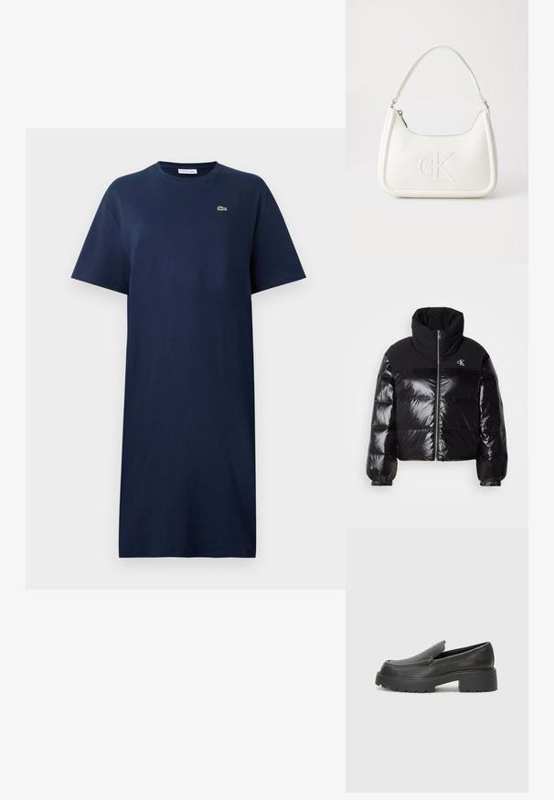 Musta puhvitakki kiiltävällä pinnalla, korkea kaulus ja jykevä vetoketju. Varustettu ribbailla hihoilla ja logolla vasemmassa yläkulmassa.; Tummansininen puuvillamekkopaita lyhyillä hihoilla, pyöreällä kaula-aukolla ja pienellä vihreällä logolla rinnassa. Suora leikkaus, polven pituinen malli.; Musta nahkakengät, joissa on pyöristetty kärki, paksu teksturoitu pohja ja vähäiset ompeluyksityiskohdat. Tyylikäs muotoilu, jossa ei ole näkyviä nauhoja tai metalliosia.; Valkoinen nahkalaukku, jossa on kaareva muotoilu, etupuolella kohokuvioitu "CK" -logo ja yksi olkahihna. Vetoketjukiinnitys ylhäällä.