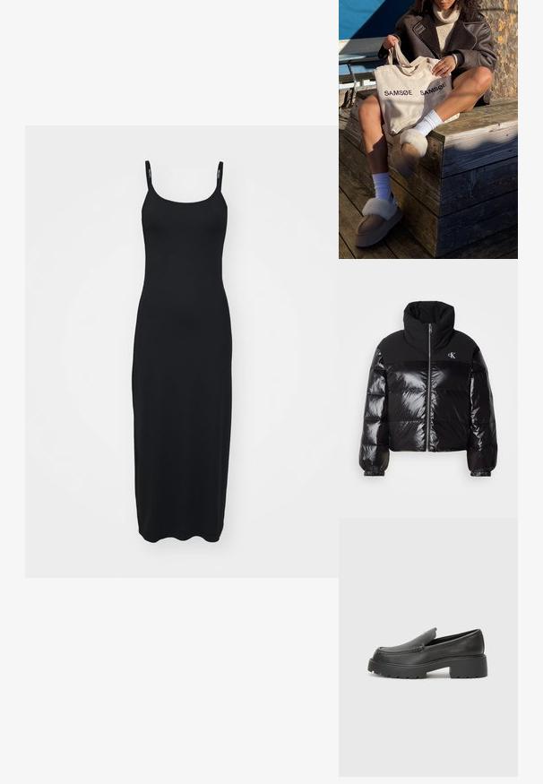 Casaco puffer preto com acabamento brilhante, gola alta e fecho robusto. Apresenta punhos canelados e um logotipo no lado superior esquerdo.; Vestido maxi preto em tecido elástico com alças finas, decote redondo e design ajustado, apresentando uma textura lisa e ribbed.; Mocassins de couro preto com bico arredondado, sola espessa e texturizada, e detalhes de costura minimalistas. Design elegante sem atacadores ou ferragens visíveis.; Saco tote bege com "SAMSOE" impresso duas vezes, chinelos castanhos com acabamento de pelo branco, meias brancas e um casaco de pele de carneiro castanho sobre uma superfície de madeira.