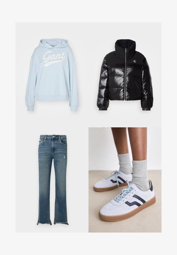 Black puffer jacket with glossy finish, high collar, and chunky zipper. Features ribbed cuffs and a logo on the upper left side.; GANT SCRIPT GRAPHIC HOODIE - Sweatshirt - toy blue; Blue denim jeans with slight distressing, raw frayed hems, front pockets, belt loops, and a button closure.; White suede sneakers with navy stripes, light blue laces, and tan rubber soles, paired with grey ribbed socks, on a neutral background.