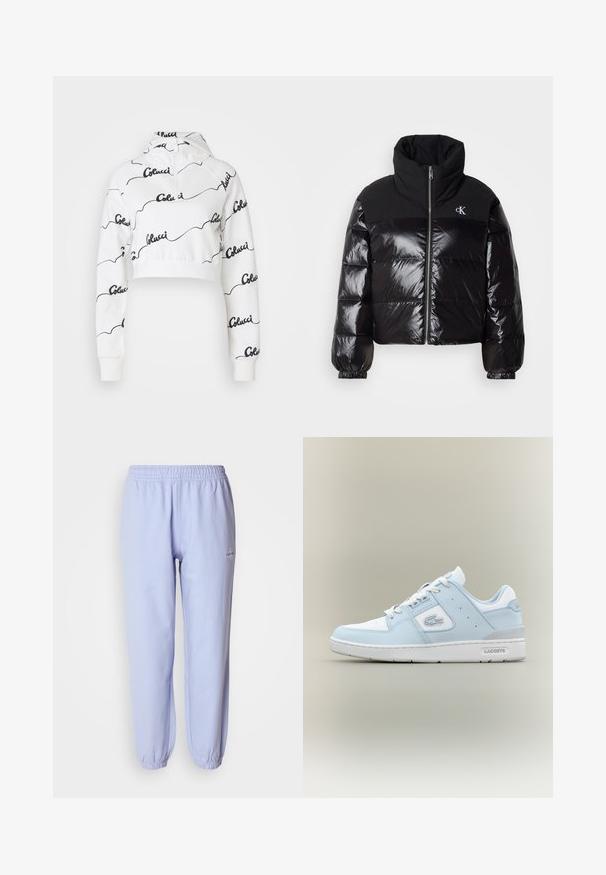 Must musternahk, millel on läikiv viimistlus, kõrge kaelus ja massiivne lukk. Omab soonikuid mansette ja logo vasakus ülanurgas.; Valge lühendatud kapuutsiga sviiter, mis on valmistatud pehmest kangast ja millel on musta kirjas logo muster kogu ulatuses. Sisaldab reguleeritavat kapuutsi ja soonikkoes mansette.; Heledad sinine puuvillane treeningpüksid elastse vöökoha, kitsenevate sääreotstega ja väikese logoga, mis on küljele tikitud. Sile tekstuur.; Heledad sinine nahkking, millel on valged detailid, ümar varvas, tekstuuriga paneel külgedel ja hall kand. Omab klassikalist paeltega sulgemise disaini.