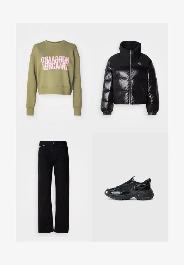 Čierna nadýchaná bunda s lesklým povrchom, vysokým golierom a masívnym zipsom. Obsahuje rebrované manžety a logo na hornej ľavej strane.; Olivovo zelený skrátený mikina s okrúhlym výstrihom. Na prednej strane je ružová pruhovaná grafika s nápisom "Nørgaard". Mäkká tkanina.; Čierne rovné džínsy s piatimi vreckami, striebornými nitmi a zapínaním na gombík. Tkanina má hladký, jemne textúrovaný povrch.; Čierne lesklé tenisky s zakriveným dizajnom horného dielu, štruktúrovanou gumovou podrážkou a šnurovaním. Obsahujú logo na boku a pútko vzadu.