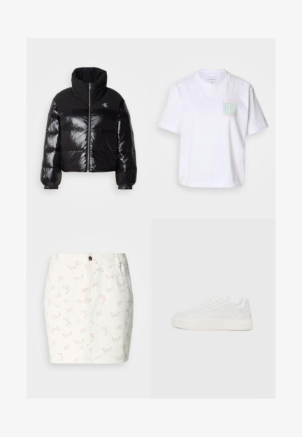 Svart dunjakke med glansfull overflate, høy krage og kraftig glidelås. Har ribbestrikkede mansjetter og en logo på øvre venstre side.; Hvit bomull t-skjorte med korte ermer og rund hals. Har "Calvin" i rosa og "KLEIN" i grønt trykket på forsiden.; Hvit denimskjørt med blomsterdesign i rosa og grønt, med en frontknapplukking og sidelommer. Kort lengde.; Hvite lave sneakers med flat såle, glatt syntetisk overdel, rund tå og tonede sømmer. Har snøring og sidebranding.
