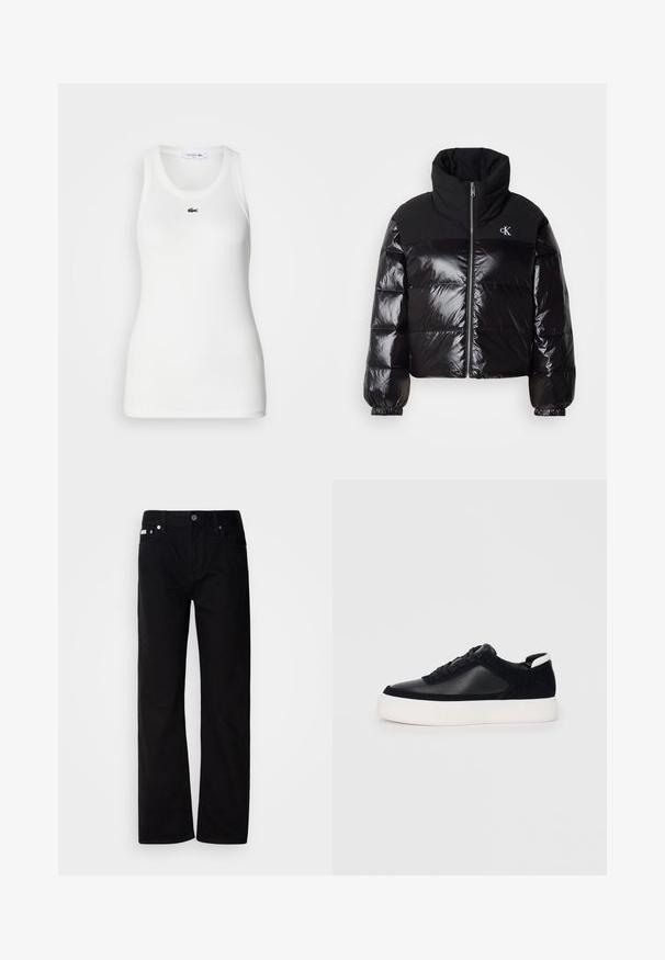Casaco puffer preto com acabamento brilhante, gola alta e fecho robusto. Apresenta punhos canelados e um logotipo no lado superior esquerdo.; Top sem mangas branco com um decote redondo e textura canelada. Apresenta um pequeno logo de crocodilo verde da Lacoste no peito.; Calças de ganga pretas de perna reta com cinco bolsos, rebites prateados e fecho de botão. O tecido tem um acabamento suave e ligeiramente texturizado.; Sapatilha preta com painéis de pele lisa e camurça, atacadores planos, bico arredondado e sola de borracha branca. Logótipo distinto no calcanhar.