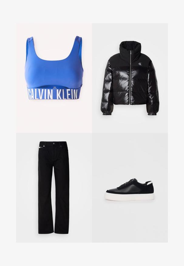 Fekete puffertakó fényes felülettel, magas gallérral és vastag cipzárral. Ribbed ujjvégekkel és logóval a bal felső oldalon.; Kék sportmelltartó széles pántokkal, az alján nagy fehér "Calvin Klein" logós szalaggal, fehér háttér előtt bemutatva.; Fekete farmer egyenes fazonú nadrág öt zsebbel, ezüst szegecsekkel és gombos zárással. Az anyaga sima, enyhén texturált felületű.; Fekete sportcipő sima bőrből és velúr panelekkel, lapos fűzőkkel, kerek orral és fehér gumi talppal. Megkülönböztető logó a sarkán.