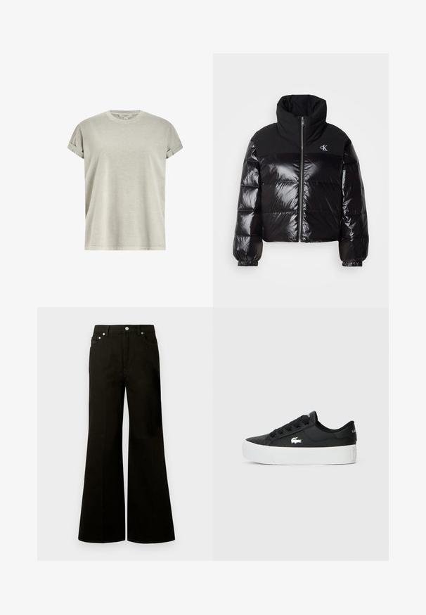 Black puffer jacket with glossy finish, high collar, and chunky zipper. Features ribbed cuffs and a logo on the upper left side.; Light grey short-sleeve t-shirt made of soft fabric, featuring a crew neck and rolled sleeves with a relaxed fit.; Black high-waist wide-leg jeans with front button and zipper, belt loops, and five pockets including a small coin pocket.; Black low-top sneaker made of synthetic material, featuring a white rubber sole, black laces, and a small white logo on the side.