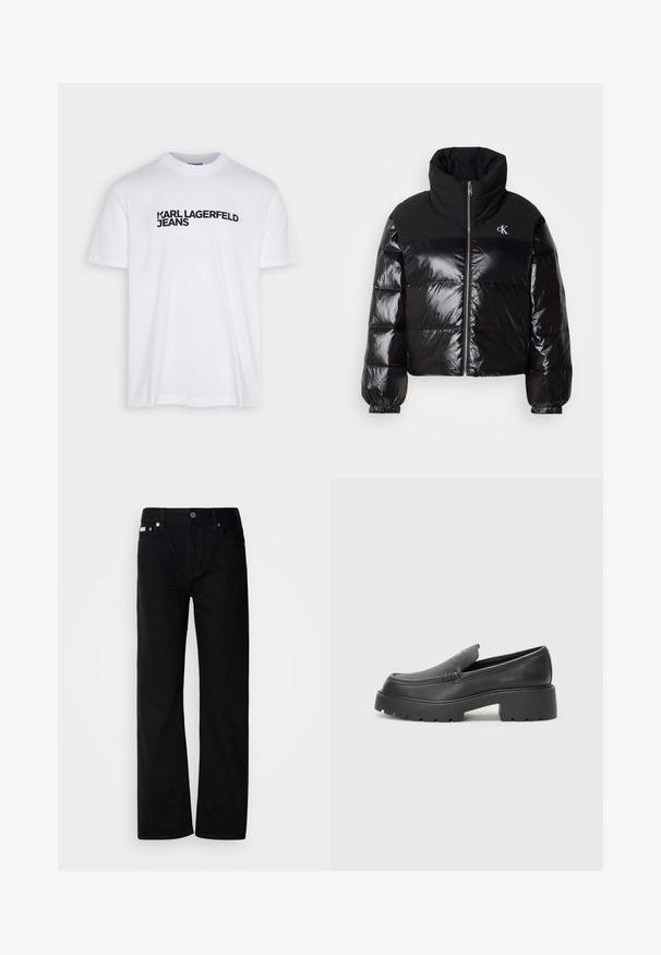 Juodas pūkinis švarkas su blizgiu paviršiumi, aukštu apykaklė, ir masyvi užtrauktukas. Yra įsiūtos banguotos rankogaliai ir logotipas viršutinėje kairėje pusėje.; Balta medvilninė marškinė su apvalia iškirpte, ant krūtinės su juodu atspaudu „KARL LAGERFELD JEANS“.; Juodi džinsai tiesaus kirpimo su penkiomis kišenėmis, sidabriniais kabliukais ir mygtukų užtrauktuku. Medžiaga turi lygią, šiek tiek tekstūruotą apdailą.; Juodi odiniai loaferiai su apvaliu pirštu, storu tekstūruotu padu ir minimaliu siūlių dekoru. Išskirtinis dizainas be matomų raištelių ar furnitūros.