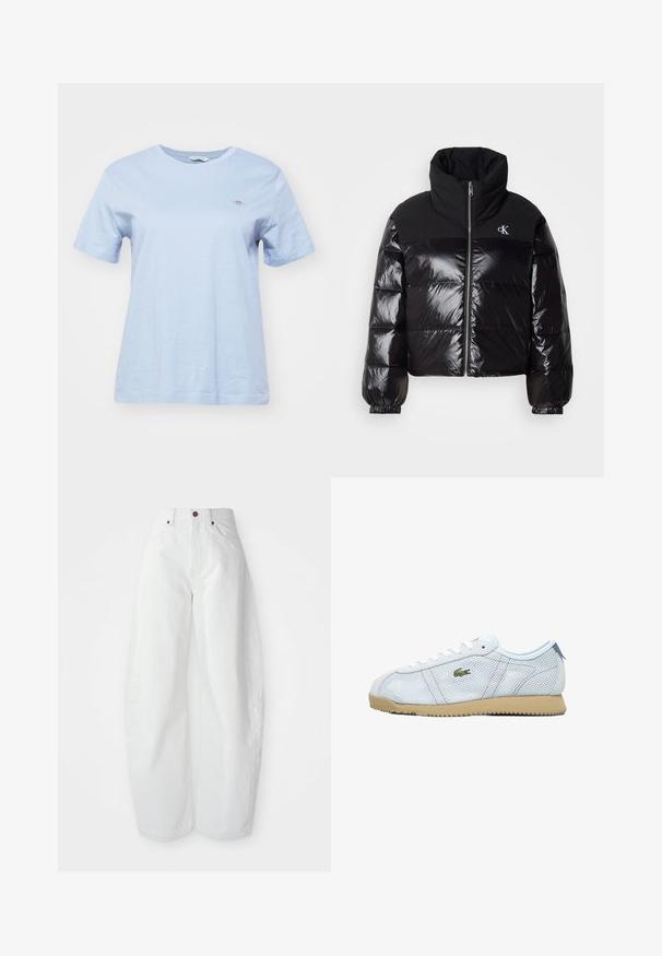 Zwarte pufferjack met glanzende afwerking, hoge kraag en stevige rits. Beschikt over ribgebreide manchetten en een logo aan de bovenkant van de linkerzijde.; GANT SHIELD - T-shirt basic - dove blue; Hoge taille witte spijkerbroek met een losse pasvorm. Voorzien van een knoopsluiting, zijzakken en een minimalistisch ontwerp. Glad textuur.; Lichtblauwe netweave sneakers met een beige rubberen zool, witte veters en een groene logo detail. Beschikt over een ronde neus en gestructureerde zijkanten.