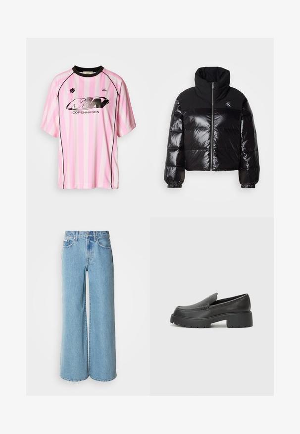Casaco puffer preto com acabamento brilhante, gola alta e fecho robusto. Apresenta punhos canelados e um logotipo no lado superior esquerdo.; Camiseta de malha com mangas curtas, em riscas rosa e branco, com detalhes pretos, apresentando um logo preto brilhante com a inscrição "COPENHAGEN" e um emblema de flor.; Jeans de perna larga azul claro feitos de denim, com cintura alta, design de cinco bolsos e desbotamento sutil ao longo do tecido.; Mocassins de couro preto com bico arredondado, sola espessa e texturizada, e detalhes de costura minimalistas. Design elegante sem atacadores ou ferragens visíveis.
