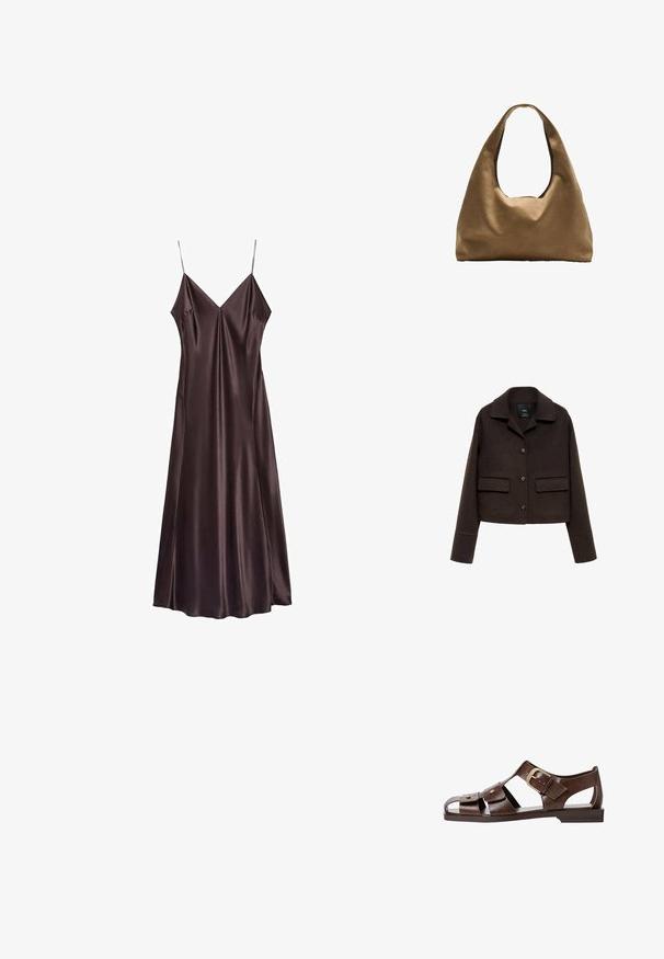 Hnědá jarní bunda z vlněné směsi, zkrácená, s límečkem, předním zapínáním na knoflíky a dvěma náprsními kapsami. Má dlouhé rukávy s detailním manžetou.; Čokoládově hnědá saténová šaty na ramínka s V-výstřihem a plynulým lemem, který sahá po lýtka. Hladká textura a minimalistický design.; Hnědé kožené sandály s výřezovým designem, nastavitelnou boční sponou a plochou podrážkou, s kovovými detaily a otevřenou špičkou.; Hnědá textilní taška přes rameno s širokým, zaobleným tvarem a velkým výřezem na rukojeť. Měkká textura, minimalistický design a žádné viditelné kovové prvky.