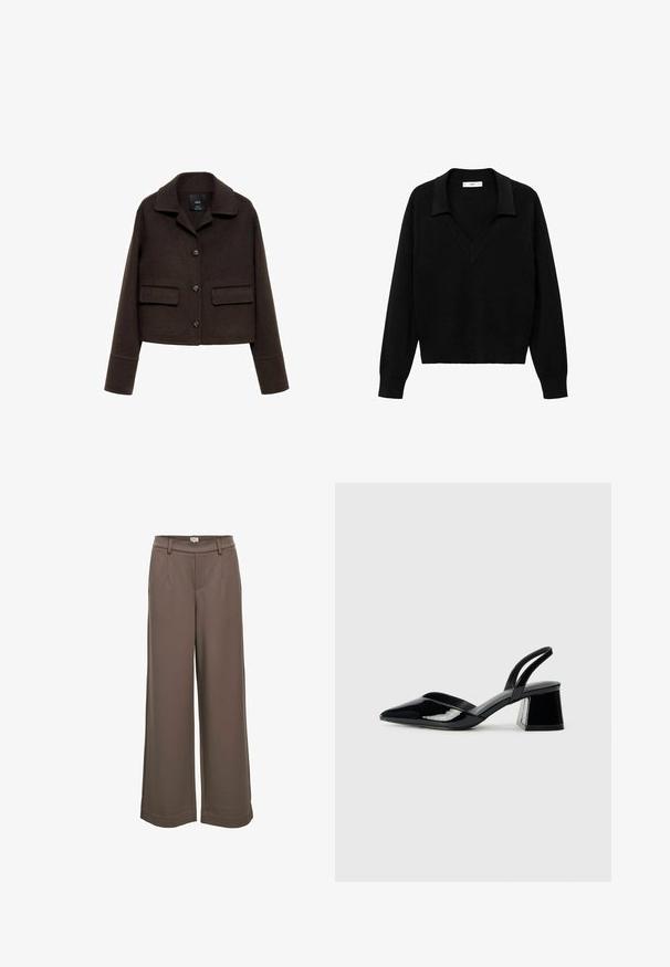 Brown wool blend cropped jacket with a collar, front button closure, and two patch pockets. Features long sleeves with cuff detail.; Black pullover sweater with a V-neck design and a collar. Made of soft fabric, it features long sleeves and a relaxed fit.; Wide-leg trousers in a soft, brown fabric. Features a high waistband, two front pockets, and a smooth texture with a casual design.; Black patent leather slingback heels with a pointed toe and a geometric block heel. Features a sleek, minimal design and smooth texture.