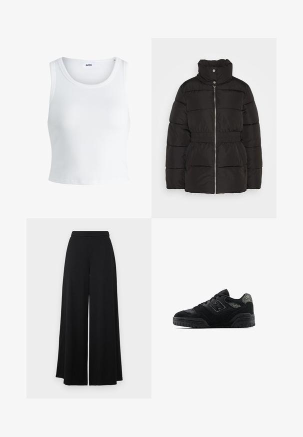 Black puffer jacket with a high collar, front zipper, elastic waist, and two front pockets. Features stitched horizontal panels and smooth texture.; White ribbed tank top featuring a round neckline, sleeveless design, and a cropped length. Label reads "JJXX." Smooth fabric texture.; Black wide-leg pants with a flat waistband. Made of a smooth, lightweight fabric, featuring a flowing silhouette. No pockets or embellishments.; Black low-top sneaker with textured sole, lace-up design, suede panels, and patterned accents on heel and side logo.