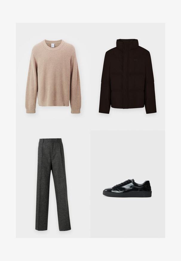 Μαύρο αντιανεμικό μπουφάν με υψηλό γιακά, κλείσιμο με φερμουάρ στο μπροστινό μέρος και επένδυση. Διαθέτει διακριτική λεπτομέρεια λογότυπου στο στήθος και λεία υφή.; Won Hundred BENTLEY - Πουλόβερ - taupe gray; Γκρι tailored παντελόνι από υφασμάτινη υφή, με δύο καμπυλωτές πτυχές μπροστά και ίσια γραμμή. Χωρίς ορατές τσέπες ή διακοσμητικά στοιχεία.; Μαύρα παπούτσια μπασκετ από γυαλιστερό δέρμα με στρογγυλή μύτη, σχέδιο με κορδόνια, υφασμάτινη σόλα και λεία επιφάνεια.
