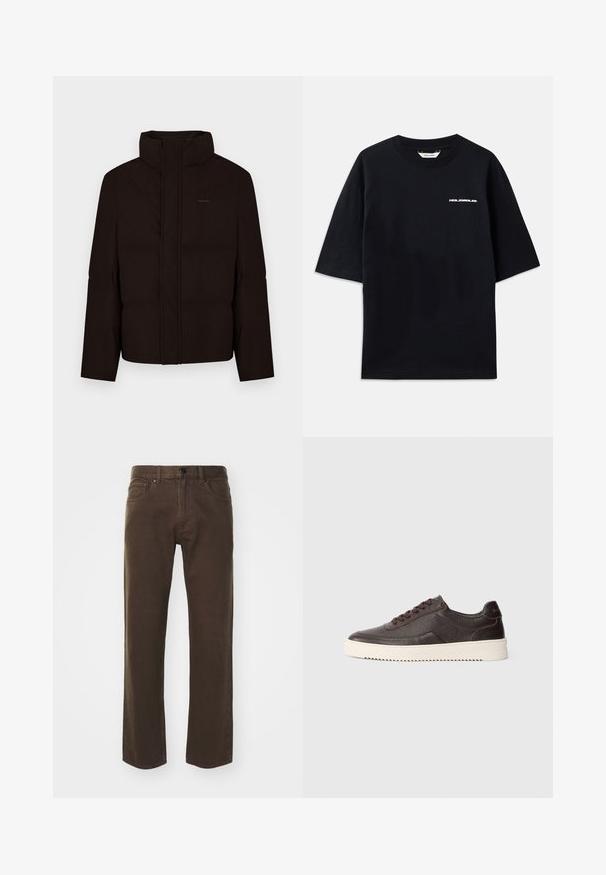 Black puffer jacket with a high collar, zip front closure, and padding. Features subtle logo detail on the chest and smooth texture.; Black cotton T-shirt with short sleeves, crew neck, and a small white "HOLZWEILER" logo on the front, featuring a loose fit.; Theory VIGGO - Straight leg jeans - brown; Dark brown leather sneakers with a textured finish, round toe, and contrasting cream rubber sole. Features laces and subtle stitching details.
