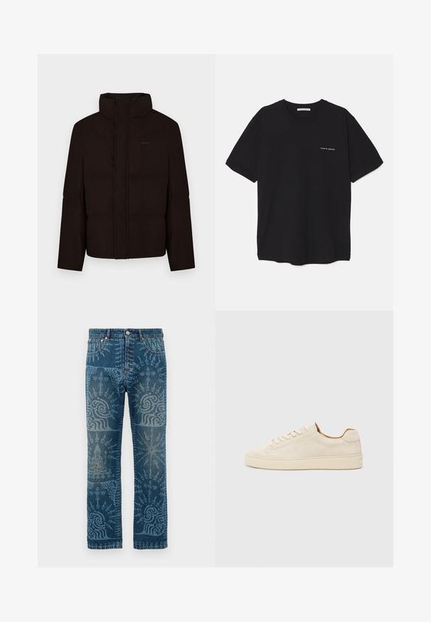 Casaco puff preto com gola alta, fecho frontal de correr e acolchoamento. Apresenta um detalhe de logótipo subtil no peito e textura suave.; T-shirt preta de algodão com gola redonda, mangas curtas e impressão de logó tipo branca no lado esquerdo do peito. Design simples, de cor sólida.; Casaco em jeans com um tom de azul médio, apresentando padrões intricados em azul claro, design de pernas retas, estilo clássico de cinco bolsos e fecho por botão.; Sapatilhas de camurça bege com um design de cano baixo, bico redondo, atacadores planos e uma sola de borracha texturizada. Estilo minimalista sem logótipos visíveis.