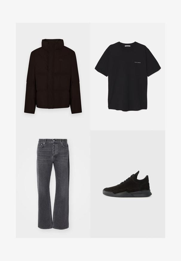 Zwarte donsjas met een hoge kraag, ritssluiting aan de voorkant en vulling. Heeft een subtiel logodetail op de borst en een gladde textuur.; Zwarte katoenen T-shirt met een ronde hals, korte mouwen en een witte logo-print op de linkerkant van de borst. Eenvoudig, effen kleur ontwerp.; Zwarte high-waisted jeans met een losse, brede pasvorm. Gemaakt van denim, met subtiele vervaging en voor- en achterzakken.; Zwarte suède sneaker met een lage profiel, gestructureerde bovenkant, platte veters en een stevige rubberen zool met een lichte hak en gebogen ontwerp.