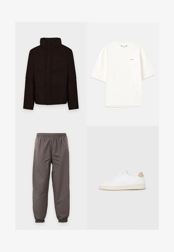 Casaco puff preto com gola alta, fecho frontal de correr e acolchoamento. Apresenta um detalhe de logótipo subtil no peito e textura suave.; T-shirt branca de manga curta feita de algodão. Apresenta um cuello redondo e um pequeno logotipo preto "Holzweiler" do lado esquerdo.; Calças cinza-escuras, com cintura elástica e ajuste solto. Apresenta punhos franzidos e um bordado discreto nas laterais. Tecido leve.; Sapatilhas brancas de cano baixo com parte superior em couro texturizado, sola cream estriada e detalhe em tan no calcanhar. Apresenta atacadores brancos e detalhe do logótipo no calcanhar.