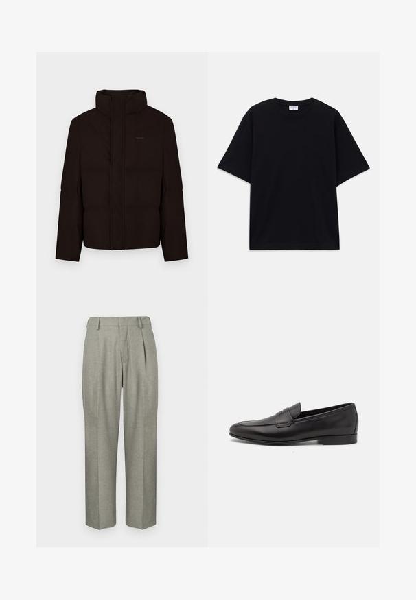Czarna puchowa kurtka z wysokim kołnierzem, z przodem zapinanym na zamek i wypełnieniem. Posiada subtelne logo na piersi oraz gładką fakturę.; Czarny, krótki rękaw, oversize'owy T-shirt z okrągłym dekoltem i widoczną metką marki Filippa K wewnątrz kołnierza.; Jasnoszare spodnie z teksturowanej tkaniny. Posiadają prosty krój nogawki, fałdy z przodu oraz płaski pas.; Czarne skórzane męskie loafersy z niskim obcasem i klasycznym paskiem penny, przedstawione w profilu bocznym na białym tle.