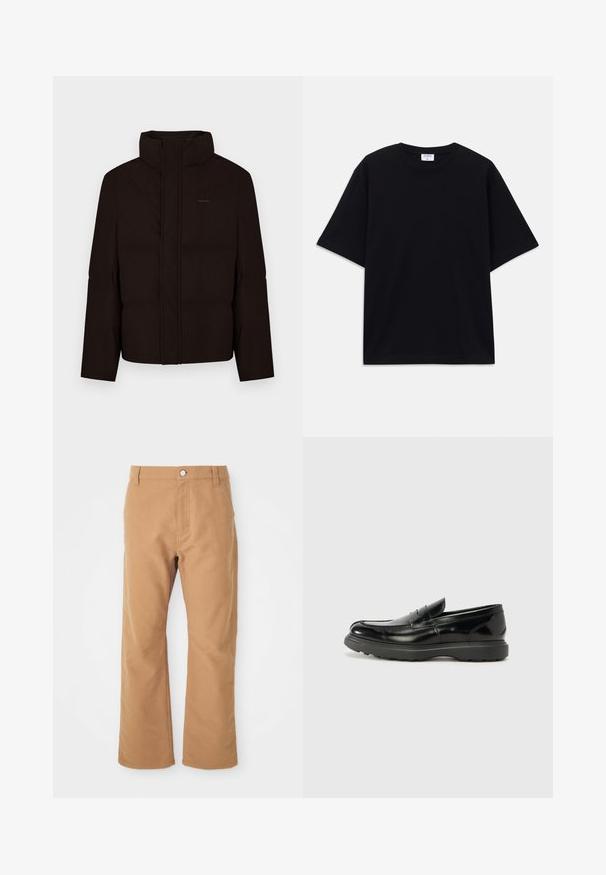 Black puffer jacket with a high collar, zip front closure, and padding. Features subtle logo detail on the chest and smooth texture.; Black short-sleeve oversized T-shirt with round neckline and visible Filippa K brand label inside the collar.; Brown cotton pants with a straight leg design, featuring a single button closure and subtle stitching for added detail.; Black leather loafer with a glossy finish, rounded toe, subtle stitching details, and a thick rubber sole for durability.