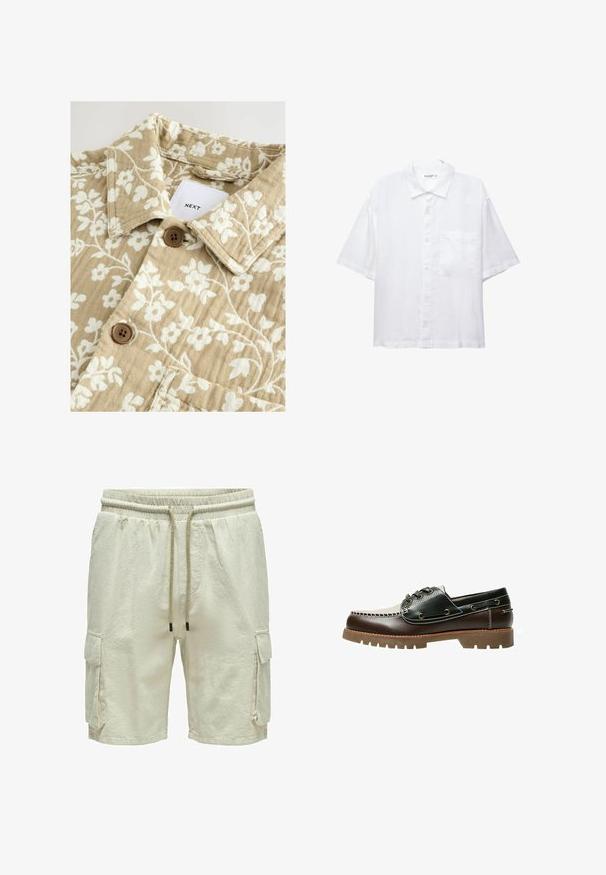 Cămașă bej cu un model floral, având o textură specială, cu flori albe, guler și două nasturi maro. Eticheta afișată spune "NEXT".; Cămașă albă cu mânecă scurtă, cu închidere butonată în față, guler și un singur buzunar pe piept. Confecționată dintr-un material ușor, cu o textură netedă.; Bermude cargo bej dintr-un material texturat, cu talie elastică și șnur. Au două buzunare laterale cu clapete.; Pantof de barcă din piele maro și neagră, cu șireturi, cusături contrastante și talpă din cauciuc texturată. Are orificii metalice pentru șireturi și vârf rotunjit.