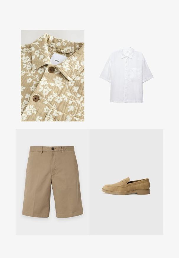 Béžová košile s květinovým vzorem a texturovaným povrchem, zdobená bílými květy, s límečkem a dvěma hnědými knoflíky. Na štítku je nápis "NEXT."; Bílé krátké tričko s krátkým rukávem, zapínáním na knoflíky, límečkem a jednou náprsní kapsou. Vyrobeno z lehké látky s hladkou texturou.; Krémové šortky z bavlny, se rovný střihem, dvěma předními kapsami a knoflíkovým zapínáním. Hladká textura s minimalistickým designem.; Béžové semišové mokasíny s kulatou špičkou, nízkým blokovým podpatkem a prošíváním na svršku. Hladký povrch a minimalistický design.