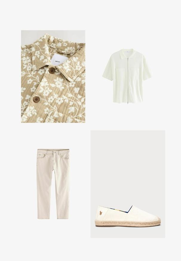 Beżowa koszula w kwiatowy wzór o teksturowanym wykończeniu, z białymi kwiatami, kołnierzykiem oraz dwoma brązowymi guzikami. Metka wyświetla napis "NEXT."; Krótki rękaw, biała koszula na zamek, wykonana z teksturowanej tkaniny, z wykończeniem kołnierzyka i dwiema przednimi kieszeniami z kwadratowymi klapami.; Jasnoszare dżinsy slim-fit z prostą nogawką, pięcioma kieszeniami, zapięciem na guzik i zamek błyskawiczny oraz wzmocnionymi szwami.; Płócienne espadryle w kolorze kremowym z konopnym spodem. Posiadają niebieską, wzorzystą podszewkę oraz małe, haftowane logo na pięcie.