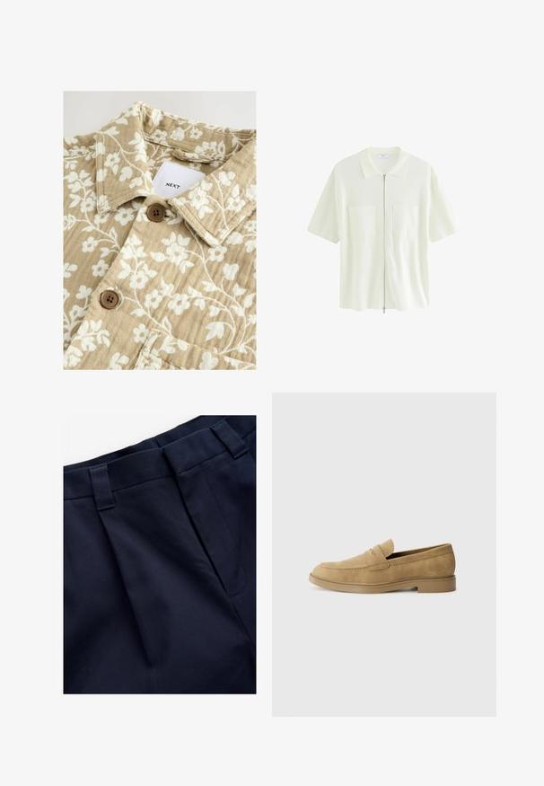 Bežs krekls ar ziedu rakstu un struktūru, kas izceļ baltas puķes, ar apkakles dekoltē un diviem brūniem pogām. Etiķete rāda "NEXT".; Īsām piedurknēm, balts jaku krekls, izgatavots no teksturēta auduma, ar apkakles izgriezumu un divām priekšējām kabatām ar kvadrātveida vāciņiem.; Jūras spēku plisēti bikses ar gludu, teksturētu audumu. Iezīmēs platu jostu un jostas cilpas, izstrādātas ērtībai un pielāgošanai.; Kafijas krāsas zamšādas loafers ar noapaļotu purngalu, zemu blokveida papēdi un izšūšanas detalizāciju augšdaļā. Gluda tekstūra un minimālisma dizains.
