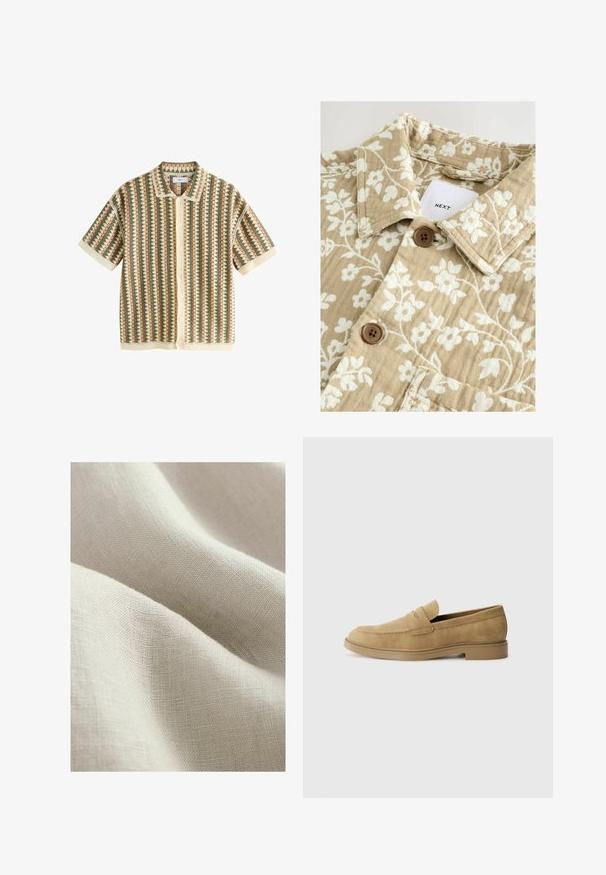 Camisa beige con estampado floral y acabado texturizado, adornada con flores blancas, un cuello con solapa y dos botones marrones. La etiqueta visible dice "NEXT."; Next SHORT SLEEVE - Camiseta estampada - neutral sage green; tela de lino beige claro con una superficie texturizada, mostrando caídas suaves y fluidas y un patrón de tejido fino.; Mocasines de ante en tono marrón claro con punta redondeada, tacón bajo y detalles de costura en la parte superior. Textura suave y diseño minimalista.