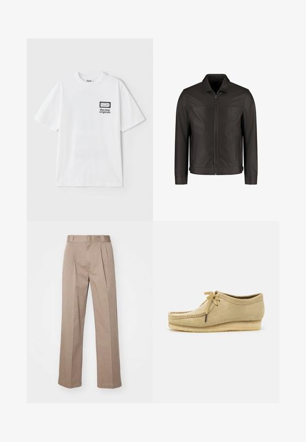Chaqueta de cuero marrón oscuro con cremallera frontal, dos bolsillos laterales verticales y un collar clásico, exhibida sobre un fondo blanco.; Camiseta de algodón blanca con mangas cortas, que presenta un estampado de bolsillo gráfico rectangular y el texto "los nuevos originales" en negro.; Pantalones beige de cintura alta con diseño de pierna ancha. Presentan dos pliegues frontales y una textura suave. Largo estándar con un acabado limpio.; Zapato de ante beige con diseño de cordones, detalles cosidos y suela de goma. La forma es casual con un ligero tacón en cuña.