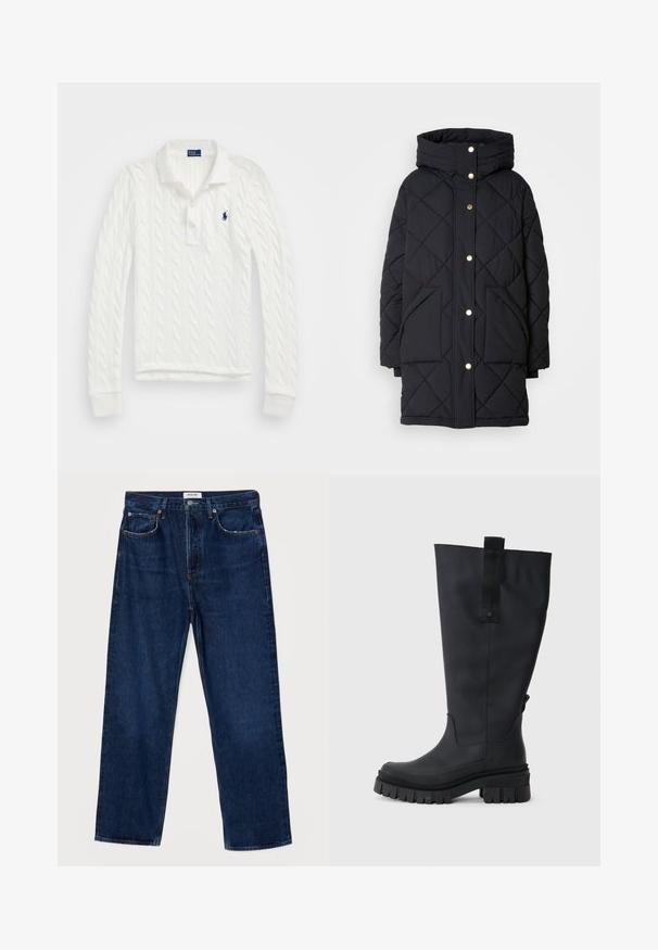 Casaco puffer preto acolchoado com capuz, com botões de pressão dourados e dois bolsos frontais, feito de material isolante para aquecimento.; Polo de manga longa em malha branca com colarinho, duas botões amarelas e um pequeno logótipo em azul marinho na área do peito esquerdo.; Jeans de denim azul escuro com cintura alta, corte reto, design de cinco bolsos e costuras contrastantes. Apresenta um fecho de botão e passantes para cinto.; Botas de borracha pretas até ao joelho com sola robusta, textura antiderrapante e uma aba de tecido na parte superior para fácil colocação. Acabamento suave e mate.