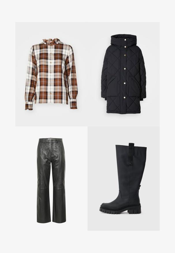 Puchowa kurtka w kolorze czarnym, pikowana, z kapturem, z ozdobnymi złotymi napami i dwoma przednimi kieszeniami, wykonana z materiału izolacyjnego dla zapewnienia ciepła.; Brązowa, kremowa i granatowa koszula w kratę z guzikami, z falbaniastym kołnierzykiem i długimi rękawami, z detalami w postaci guzików i luźnym krojem.; Czarne skórzane spodnie o szerokich nogawkach z gładką fakturą, posiadające pasek w talii, przednie fałdy oraz subtelne detale przeszyć.; Czarne gumowe botki do kolan z grubą podeszwą, teksturowanym uchwytem oraz materiałową pętelką na górze ułatwiającą zakładanie. Gładkie, matowe wykończenie.