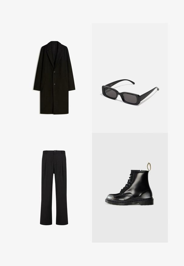 Fekete gyapjúkeverék kabát, amelynek hajtókás gallérja, egysoros gombolása és oldalsó zsebei vannak. Egyenes szabása és minimalista dizájnja van.; Fekete cipzáros kapucnis pulóver puha anyagból. Jellemzői a kapucni, elülső zsebek, valamint bordázott mandzsetták és alj. Sima textúra, minta nélkül.; Fehér, rövid ujjú póló, pamutból készült, kerek nyakkivágással és laza, egyenes szabással. Nincsenek minták vagy díszítések.; Fekete nadrág, egyenes szabással, lapos elülső résszel és pliszírozással. Sima anyagból készült, gombos záródással és övhurkokkal.; Fekete bőr bokacsizmák fényes felülettel, nyolc fűzőlyukkal, fekete cipőfűzővel és húzófüllel. Mintás talppal rendelkezik.; Fekete, téglalap alakú napszemüveg sötét lencsékkel, fényes felülettel, széles szárakkal és masszív keret designnal. Az egyik szárra gravírozott márkanevével.